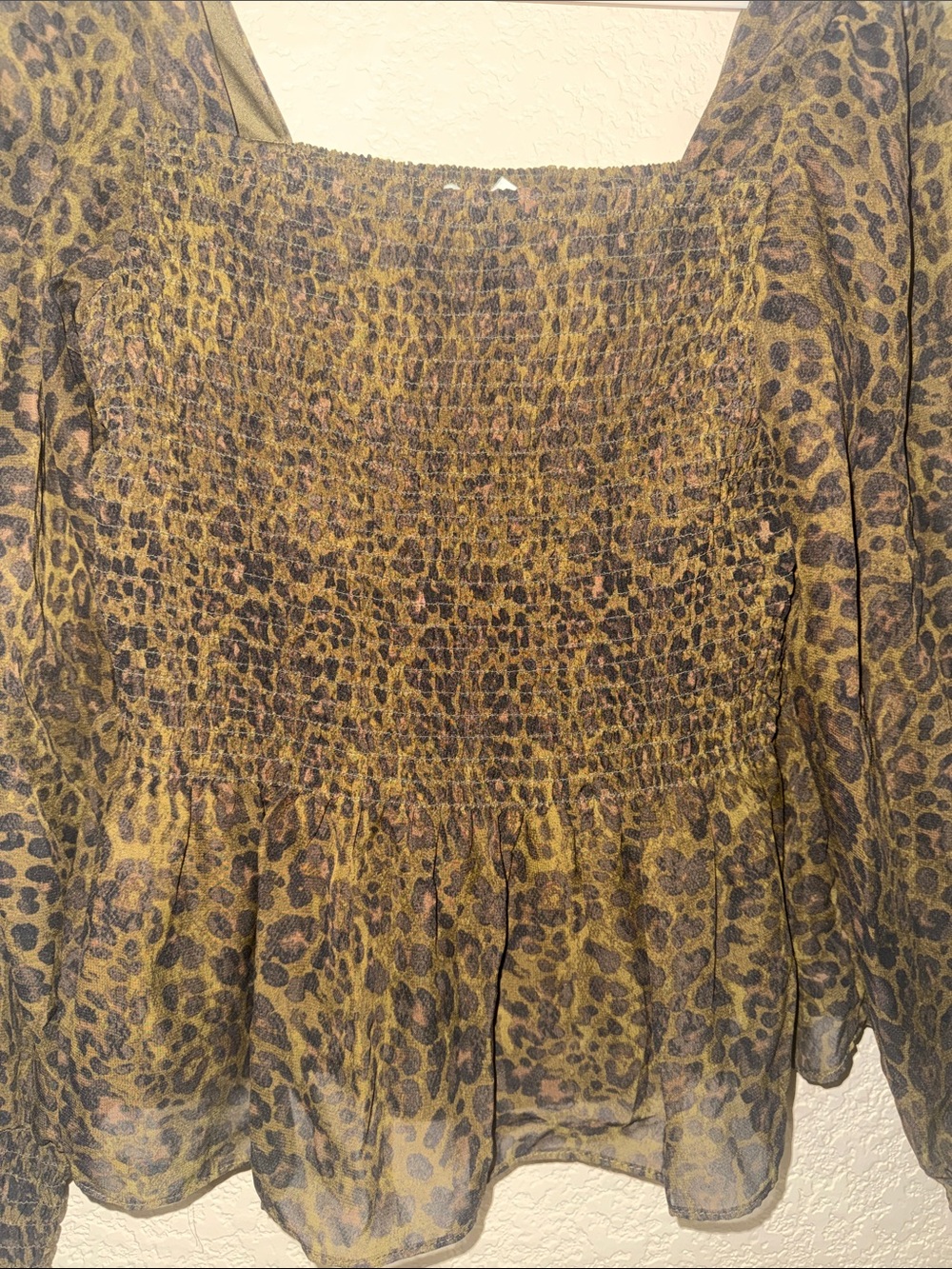 Nine West Leopard Print Smocked Peasant Blouse XS Sheer Long Sleeve Boho